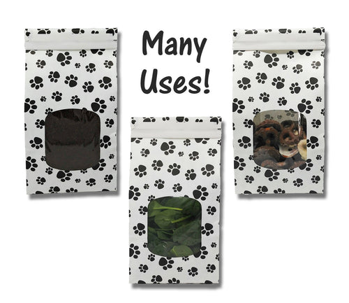 1 lb Paw Print Tin Tie Bags - Reclosable Treat Pouch for Candy, Coffee, Tea & Pet Treats w/ Poly Window - Reusable Food Storage
