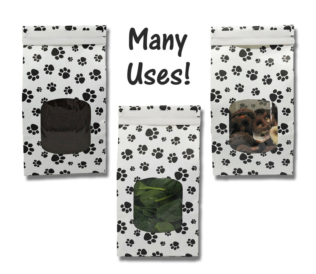 1 lb Paw Print Tin Tie Bags - Reclosable Treat Pouch for Candy, Coffee, Tea & Pet Treats w/ Poly Window - Reusable Food Storage