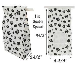 1 lb Paw Print Tin Tie Bags - Reclosable Treat Pouch for Candy, Coffee, Tea & Pet Treats w/ Poly Window - Reusable Food Storage