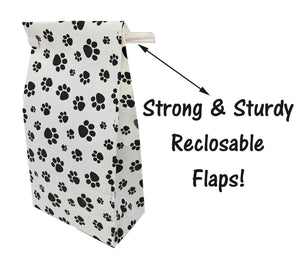 1 lb Paw Print Tin Tie Bags - Reclosable Treat Pouch for Candy, Coffee, Tea & Pet Treats w/ Poly Window - Reusable Food Storage