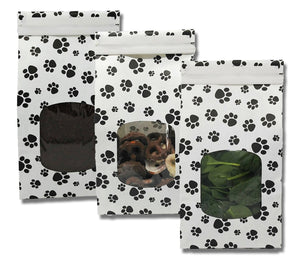 1 lb Paw Print Tin Tie Bags - Reclosable Treat Pouch for Candy, Coffee, Tea & Pet Treats w/ Poly Window - Reusable Food Storage
