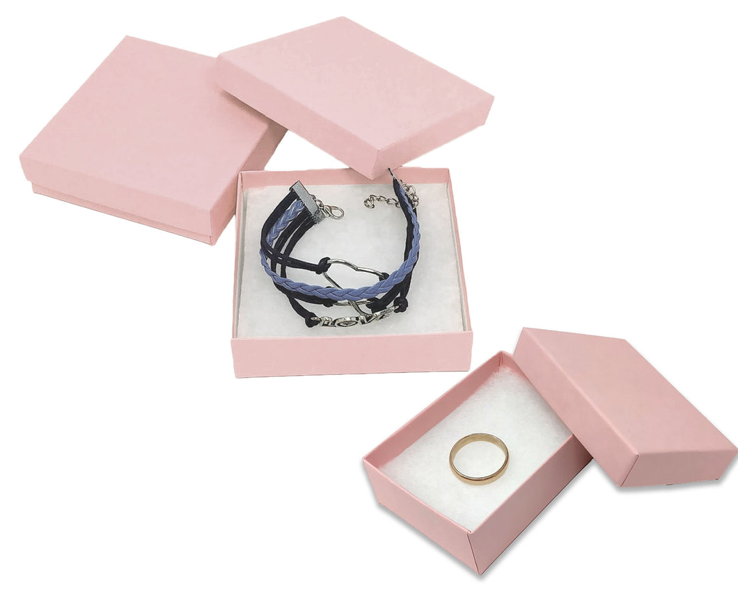 Pastel Pink 3.5x3.5x1 or 3x2x1 Inch Cotton Filled Presentation Jewelry Boxes Paper Gift Display Craft Ring, Bracelets, Storage Design U.S.A