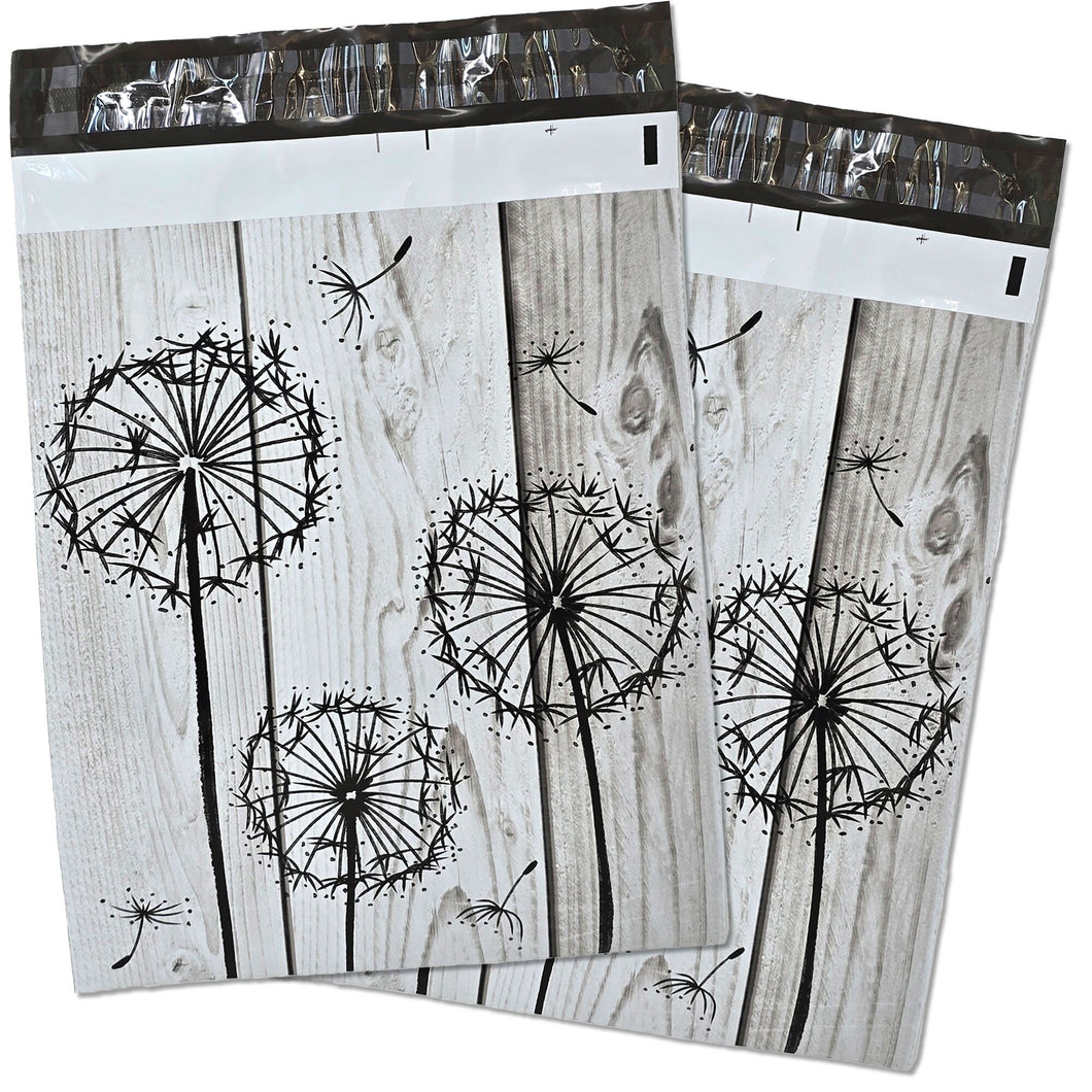 10x13 Driftwood Whimsical Black Dandelions Poly Mailers, Rustic Wood Grain Gray, Farmhouse Chic Vintage Shipping Mailing envelope bags