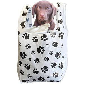 Eco-Friendly Paw Print Plastic T-Shirt Bags with Handles, 8x5x18" & 11x6x22", Cute Recycled Grocery Bags | USA T Sack Merchandise Favor Bags