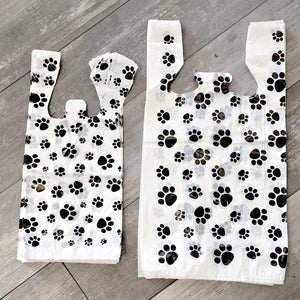 Eco-Friendly Paw Print Plastic T-Shirt Bags with Handles, 8x5x18" & 11x6x22", Cute Recycled Grocery Bags | USA T Sack Merchandise Favor Bags