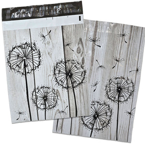 10x13 Driftwood Whimsical Black Dandelions Poly Mailers, Rustic Wood Grain Gray, Farmhouse Chic Vintage Shipping Mailing envelope bags