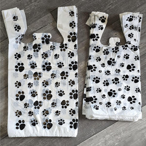 Eco-Friendly Paw Print Plastic T-Shirt Bags with Handles, 8x5x18" & 11x6x22", Cute Recycled Grocery Bags | USA T Sack Merchandise Favor Bags