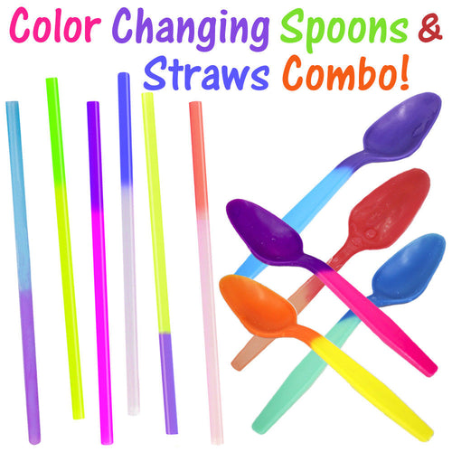 Color Changing Party Spoons & Straws Combo! Reusable Plastic Drinking Favors New - ShipNFun