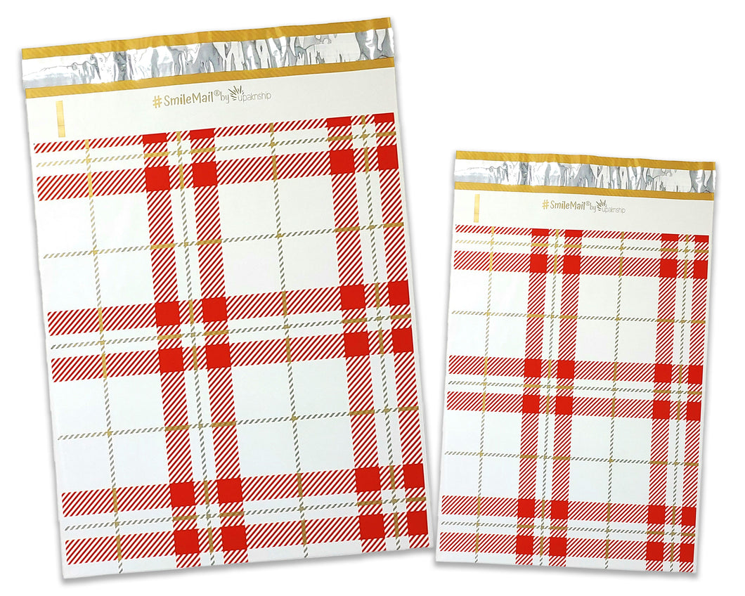 10x13 and/or 6x9 inch Red & Gold Plaid Design Poly Mailers Combo, Fall, Winter Collection Theme, Flat Self Seal Shipping Mailing Postal bags