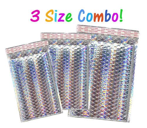 100 Pack 5X9, 6X10, 8.5X12 All Sizes Combo Holographic Bubble Mailers, Metallic Padded Envelopes, Heavy Duty Top Quality Self Sealing Mail