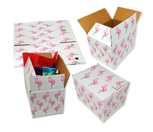6 Pack 8x6x6&quot; Pink Flamingo Designer Boxes, Recyclable, Reusable Shipping Favor Boxes for Gifts, Cute Party Cardboard Paper 32 lb Test Boxes