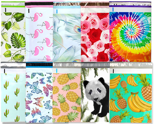 10x13 Poly Mailers, Sampler, All Designs, Mix and Match Tye Dye, Pink & Teal Pineapple Banana, Peacock, Roses Shipping Mailing Envelope Bag