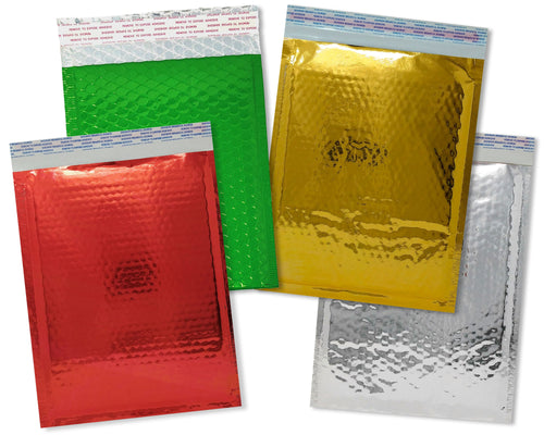 6x10 Christmas Theme Collection, Red, Gold, Green Silver Metallic Bubble Mailers, Top Quality Heavy Duty Shipping Padded Holiday Envelopes