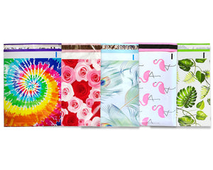 10x13 Poly Mailers, Sampler, All Designs, Mix and Match Tye Dye, Pink & Teal Pineapple Banana, Peacock, Roses Shipping Mailing Envelope Bag