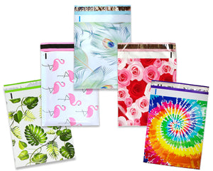 10x13 Poly Mailers, Sampler, All Designs, Mix and Match Tye Dye, Pink & Teal Pineapple Banana, Peacock, Roses Shipping Mailing Envelope Bag