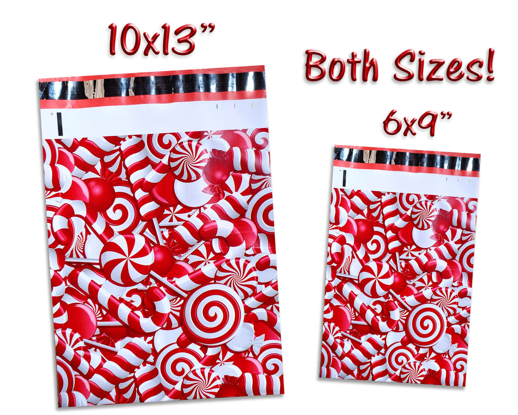 10x13 and 6x9 inch Candy Cane Poly Mailers Combo, Fall, Winter Collection Theme, Flat Self Seal Shipping Mailing Business Postal bags
