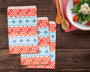 25, 50, 100, 200 Pack 6x9 Paper Bags, Tribal Mod Design Red and Blue Fun Wedding Bags, Party Favor Gift Bags, Kraft Paper Party Candy Bags,