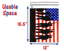 10x13 & 12x15.5 inch USA Flag Soldier Poly Mailers, Patriotic Self Sealing Shipping Bags, Military Mailing Envelopes, Red White Blue 12x15