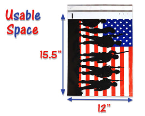 10x13 & 12x15.5 inch USA Flag Soldier Poly Mailers, Patriotic Self Sealing Shipping Bags, Military Mailing Envelopes, Red White Blue 12x15