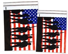10x13 & 12x15.5 inch USA Flag Soldier Poly Mailers, Patriotic Self Sealing Shipping Bags, Military Mailing Envelopes, Red White Blue 12x15
