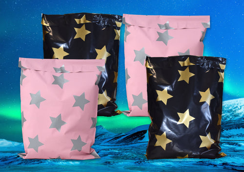 10x13 Pink and Silver, Gold and Black Stars Print Design Self Sealing Mailing Shipping Bags, Beautiful Fun Flat Self Sealing Envelopes, USPS