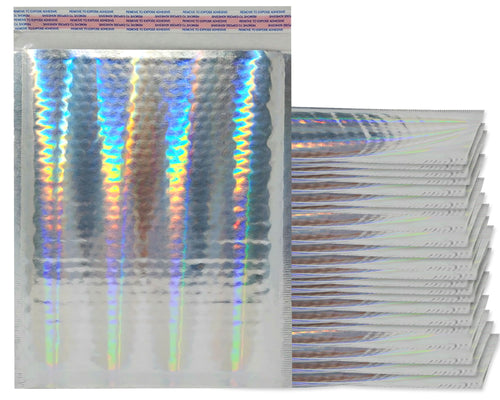 6x10, 8x12, 9x13 Inch Polished Hologram Metallic Bubble Mailers, Shiny, Reflective Padded Self Sealing Shipping Rigid Envelopes, Durable