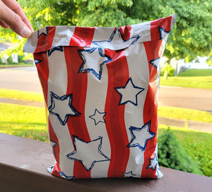 10x13 Patriotic, 4th of July, Red White & Blue Stars and Stripes Design Self Sealing Flat Mailers, American Flag Doodle Shipping Mailing Bag