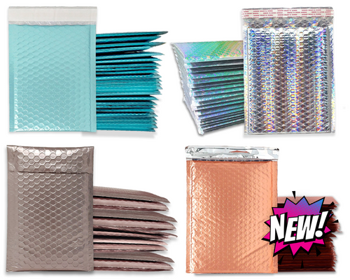 6x10 Holographic, Aqua Ice Blue, Sunset Peach, Nude Pink Assorted Metallic Bubble Mailers Combo, Sturdy Fun Padded Shipping Mailing Envelope
