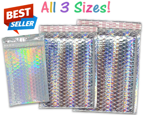 40 Pack 4X8, 6X10, 8.5X12 All Sizes Combo Holographic Bubble Mailers, Metallic Padded Envelopes, Heavy Duty Top Quality Self Sealing Mail